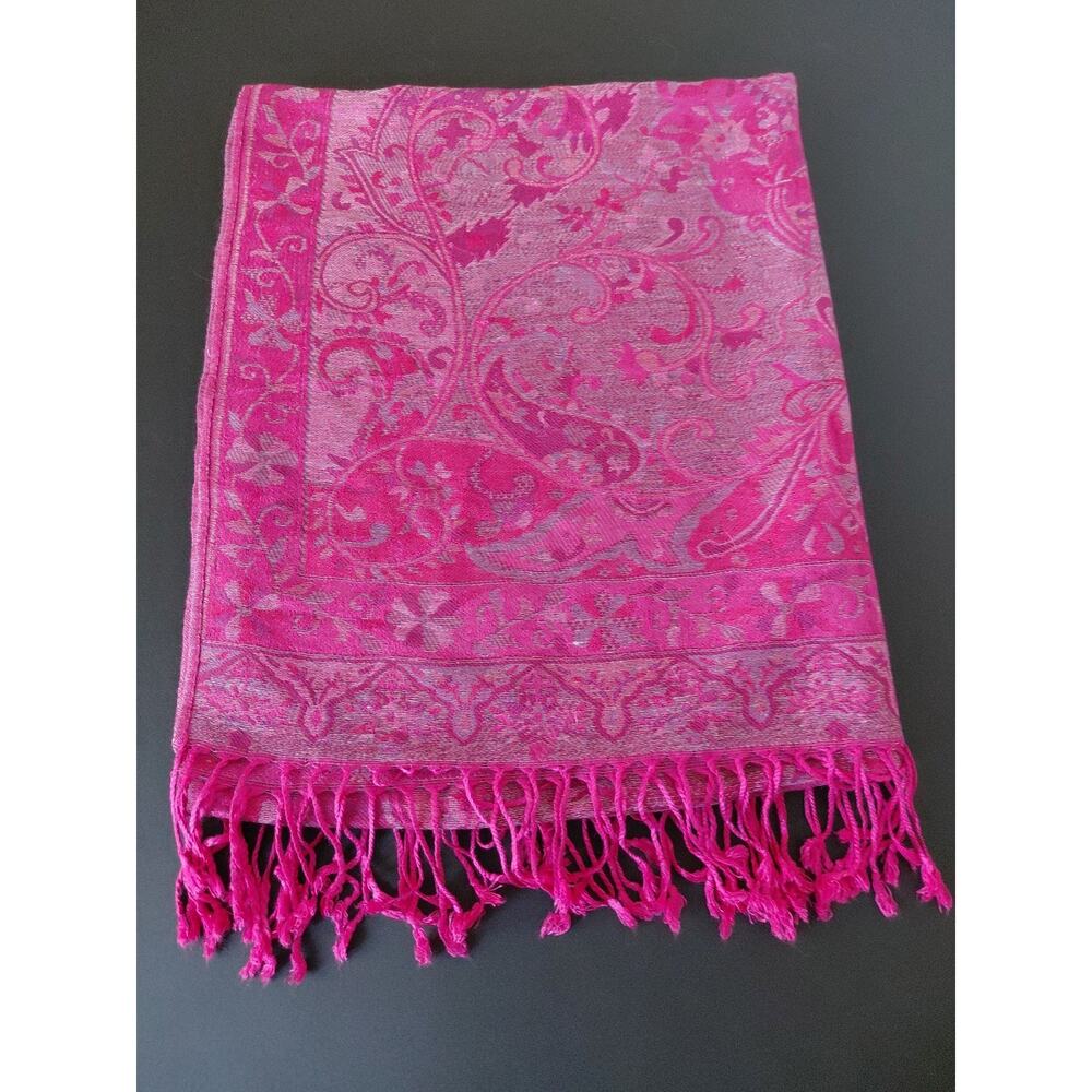 Sam Well 100% Cashmere Scarf Wrap Pink Paisley Pattern Boho Fringe Spring Travel